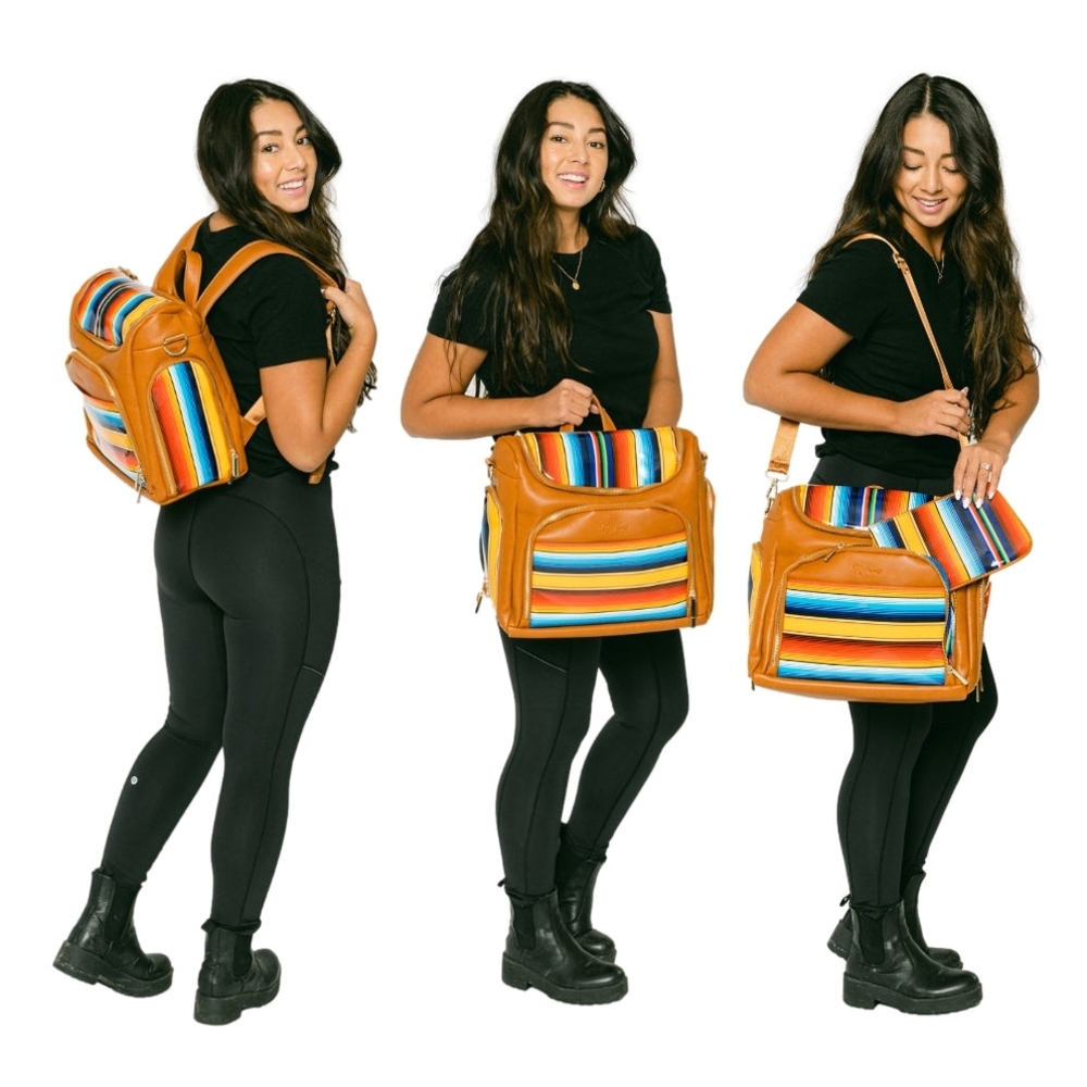 Multi-Compartment Tan Leather Backpack with Vibrant Stripe Accent